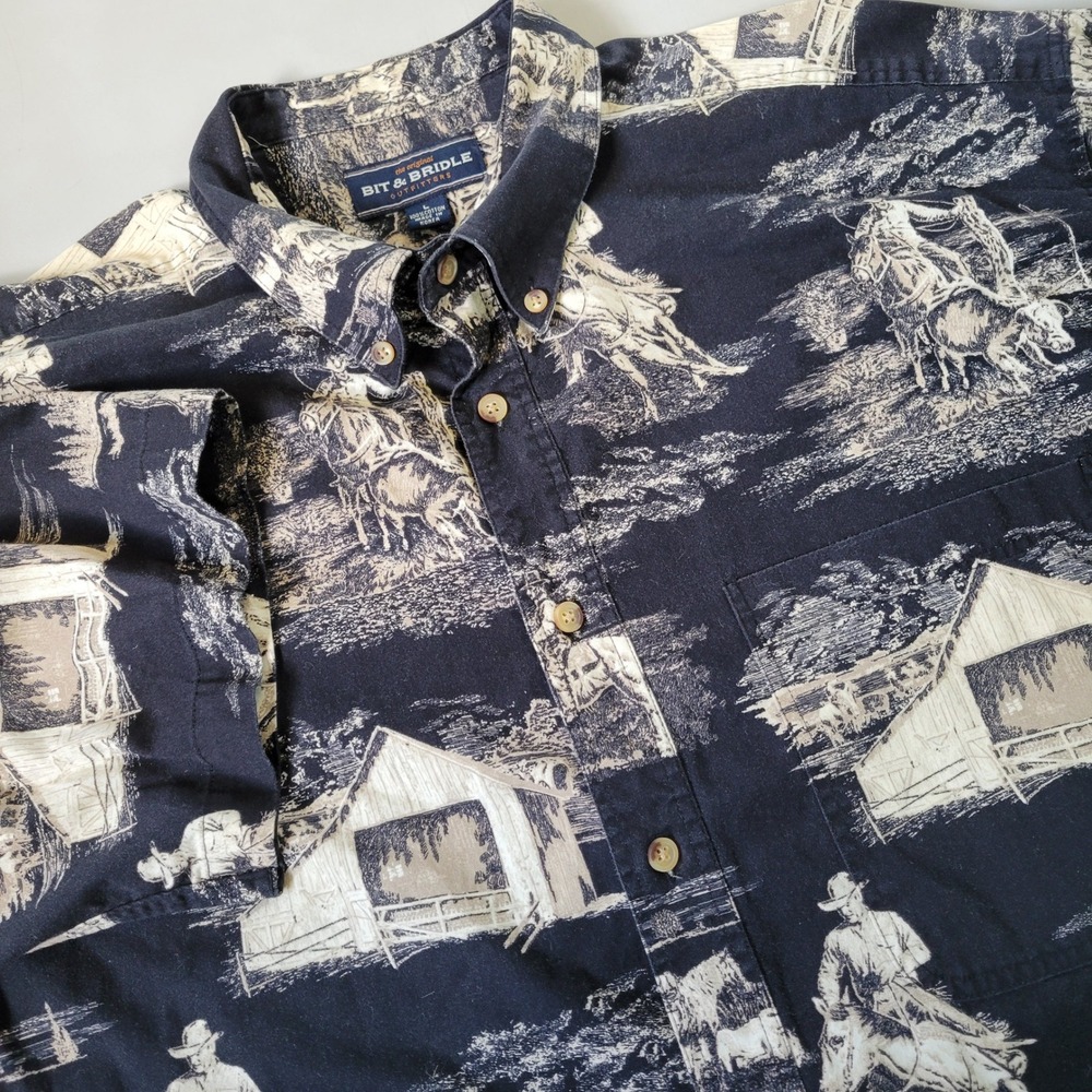 Bit & Bridle Western Cowboy Ranch Horse Barn Print Short Sleeve Button Up‎ Shirt